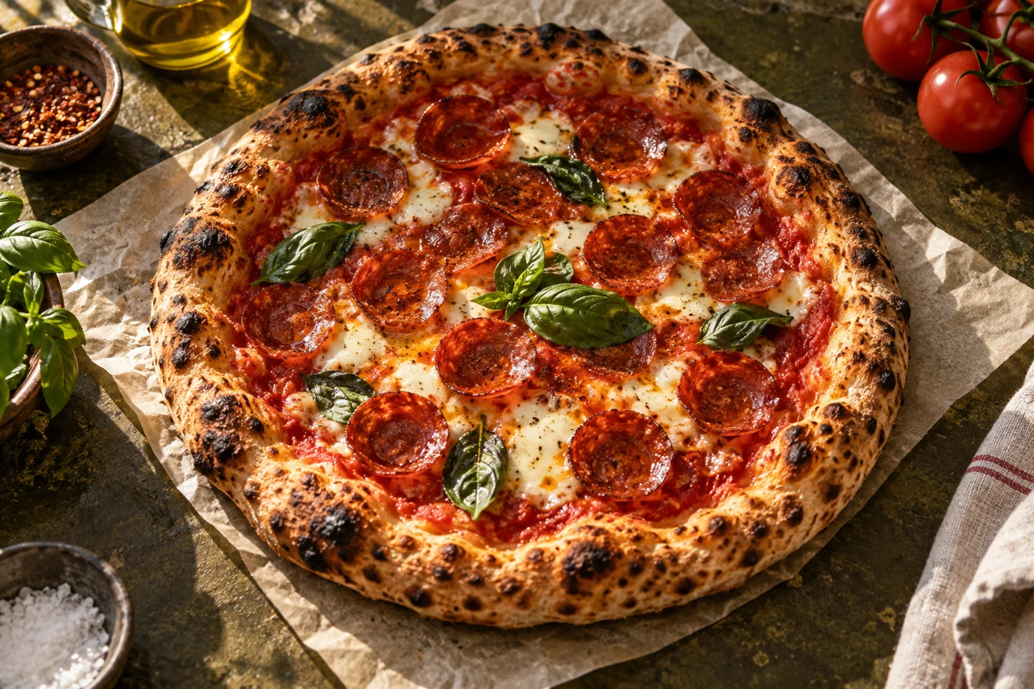 Pizza artesanal de pepperoni con albahaca y masa dorada