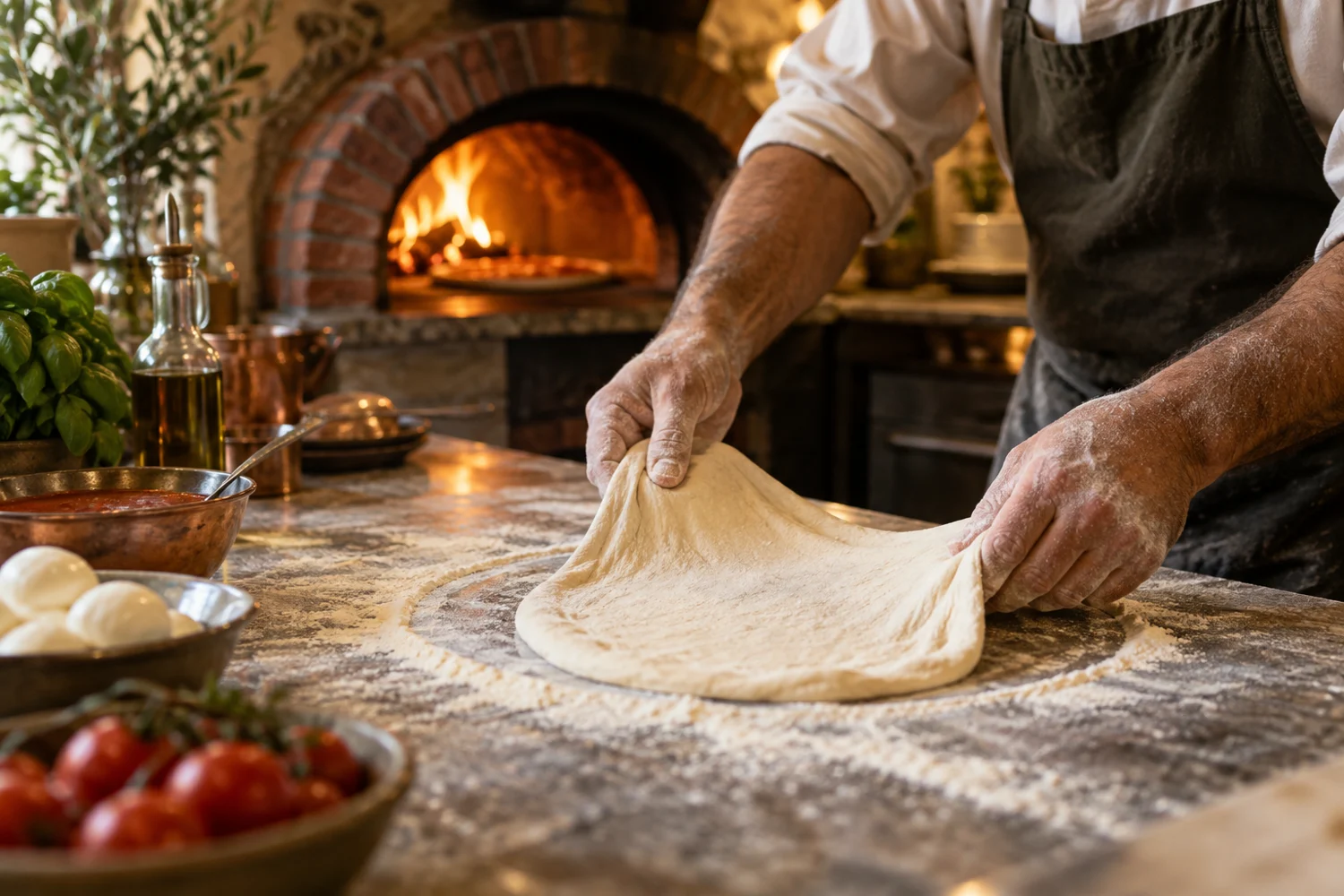 Manos de un pizzero preparando masa junto al horno artesanal