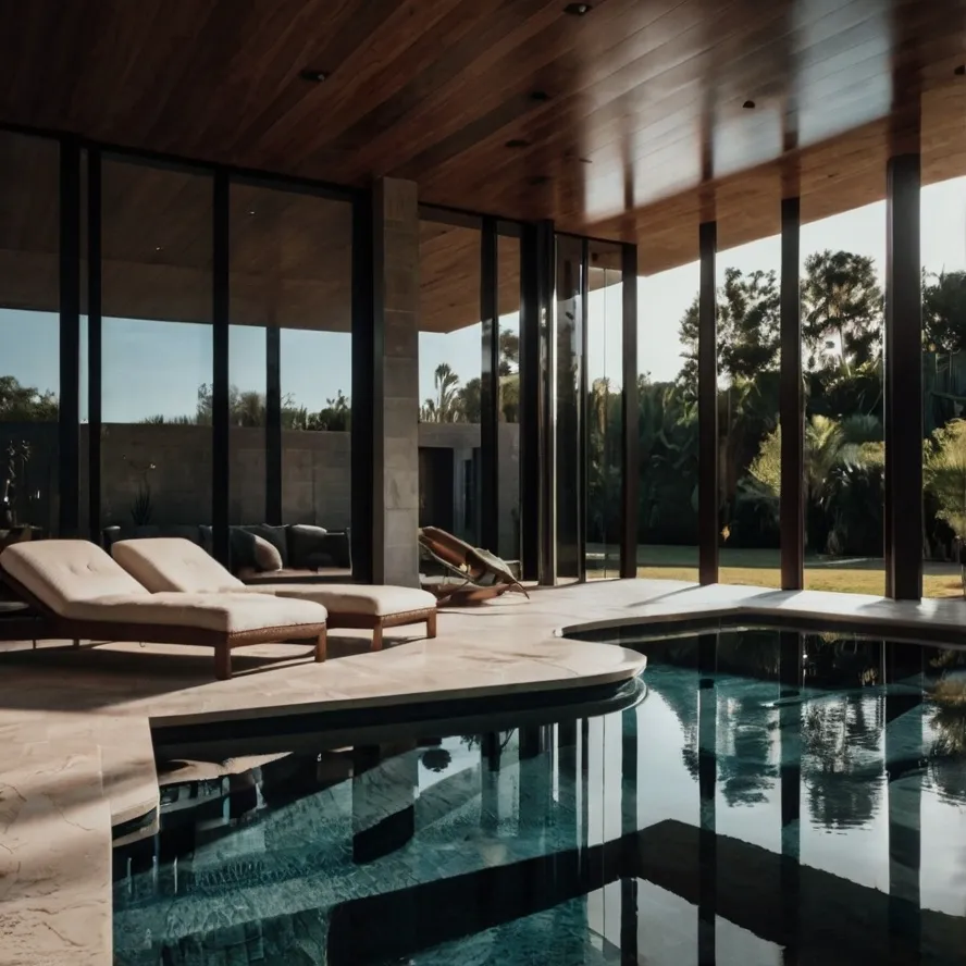 Detalle de una terraza con piscina y acabados de madera